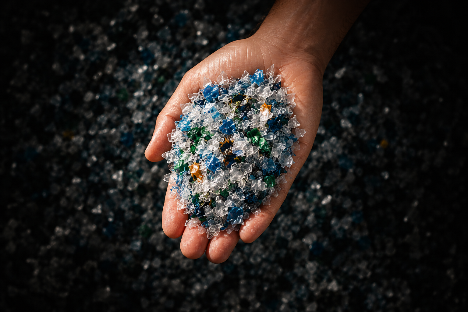 Hand holding recycled plastic flakes — Reusable circular economy
