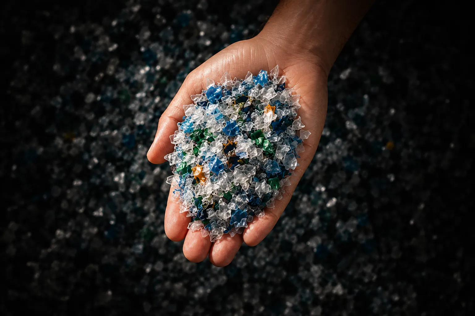 Hand holding recycled plastic flakes — Reusable circular economy